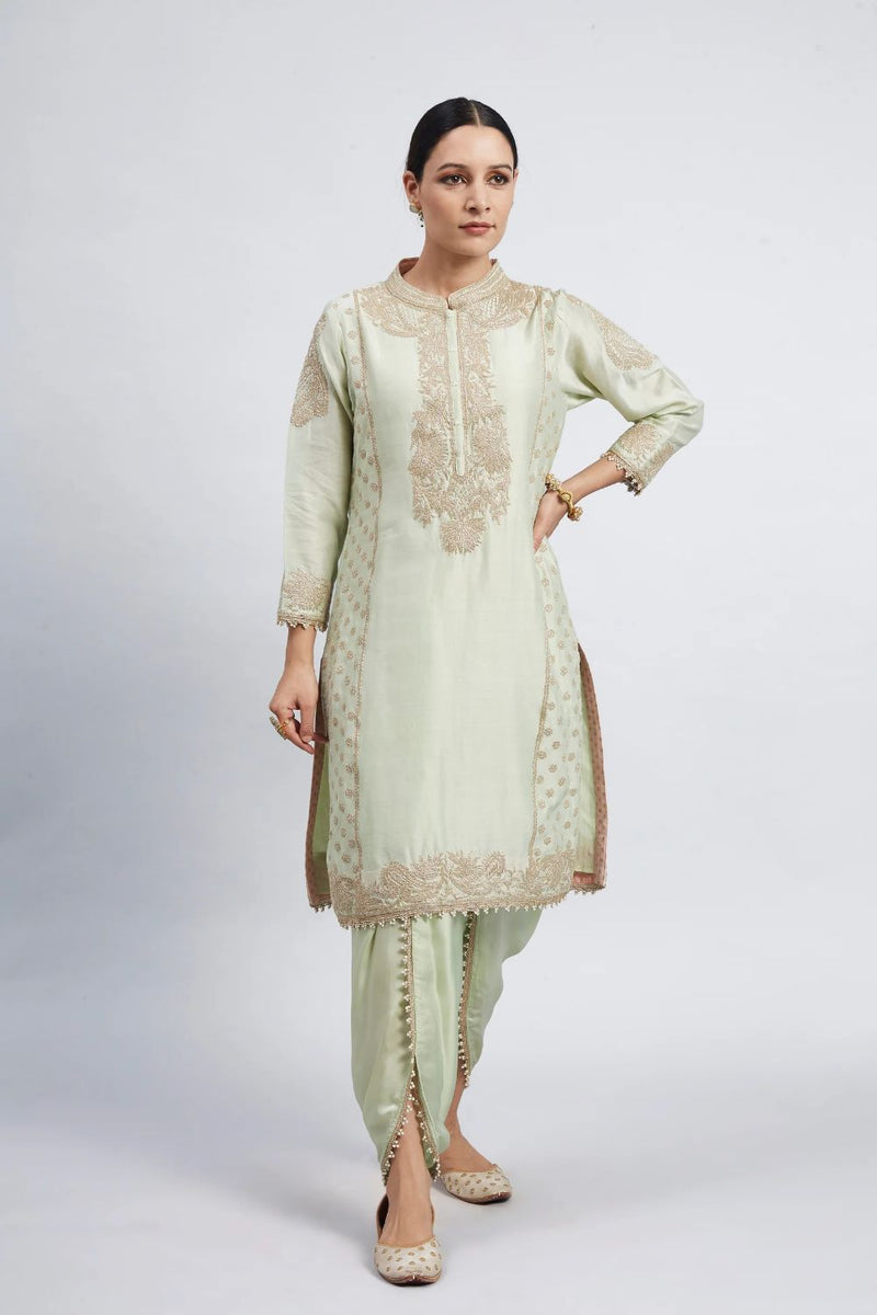 Aabish Short kurta with dhoti-Mint green silk by SHEETAL BATRA in mint color for women in Singapore
