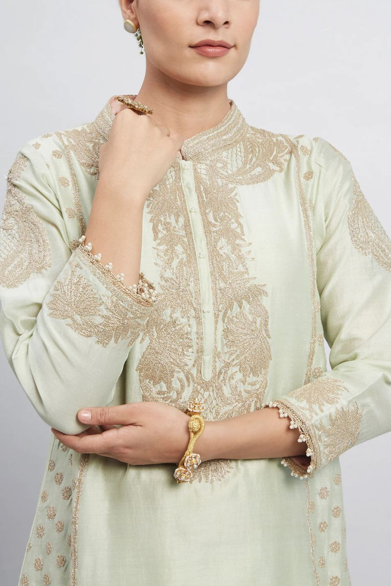 Aabish Short kurta with dhoti-Mint green silk by SHEETAL BATRA in mint color for women in Singapore