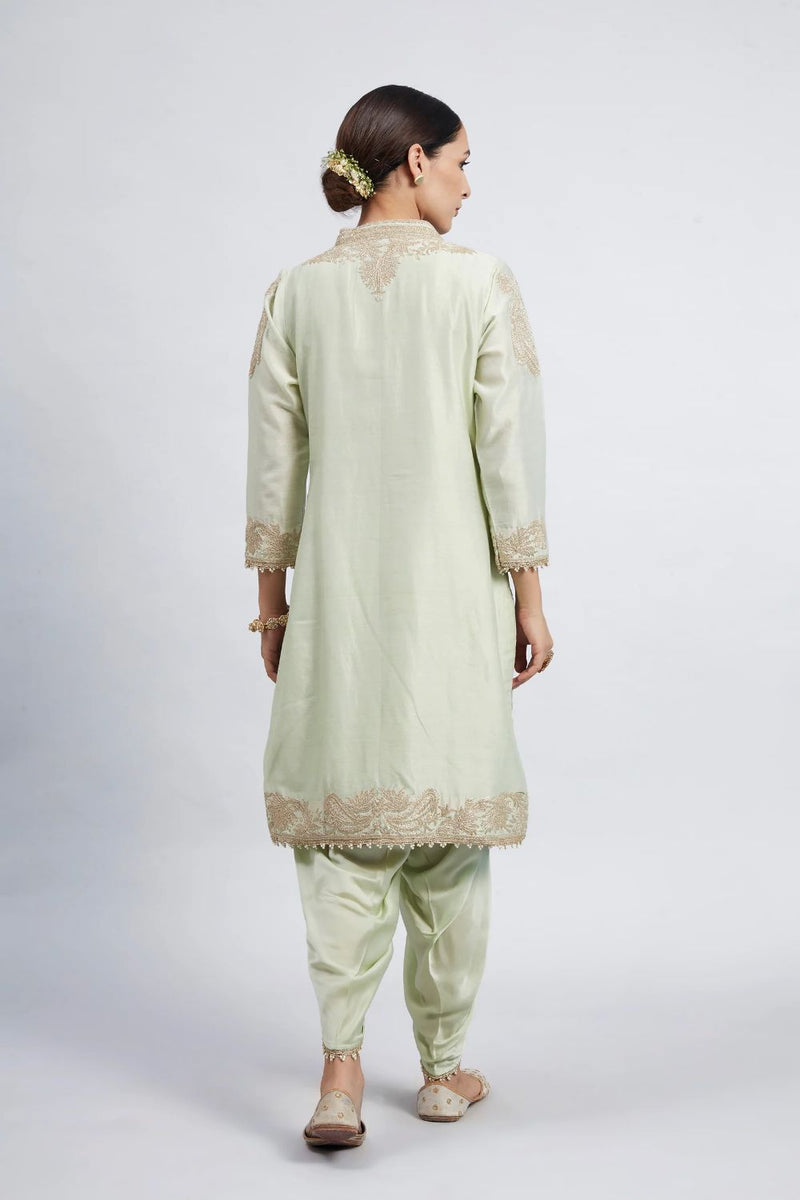 Aabish Short kurta with dhoti-Mint green silk by SHEETAL BATRA in mint color for women in Singapore