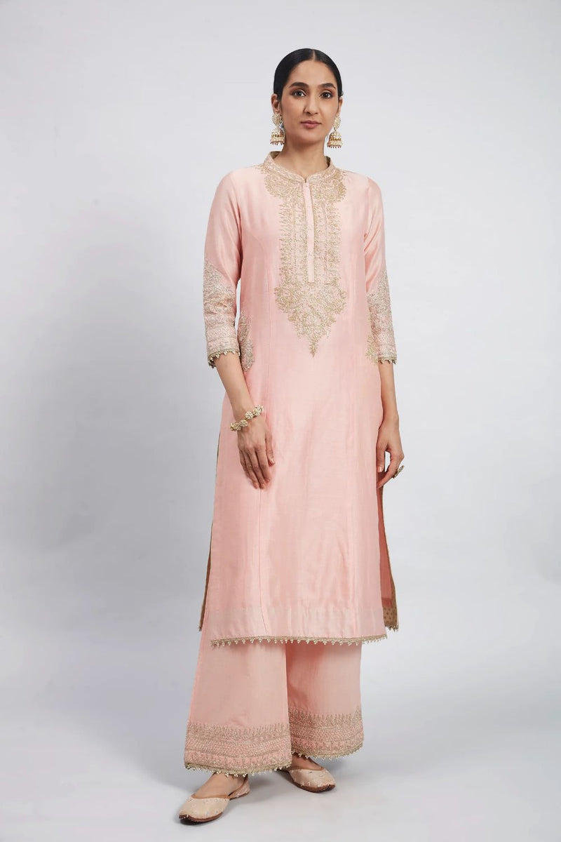 Aadah Long kurta with palazzo-Carnation Pink silk by SHEETAL BATRA in blush color for women in Singapore