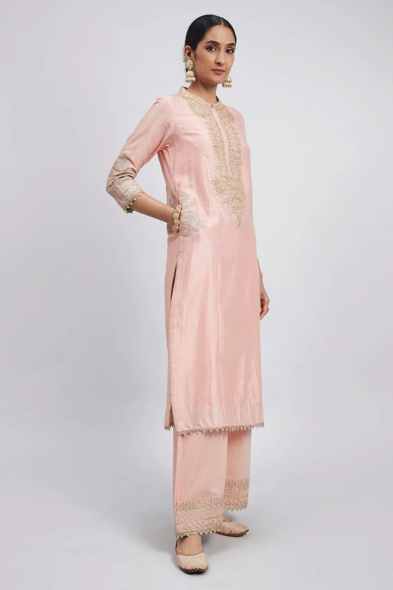 Aadah Long kurta with palazzo-Carnation Pink silk by SHEETAL BATRA in blush color for women in Singapore