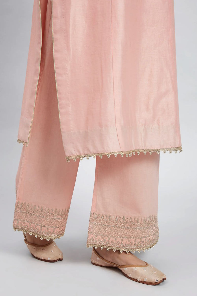 Aadah Long kurta with palazzo-Carnation Pink silk by SHEETAL BATRA in blush color for women in Singapore