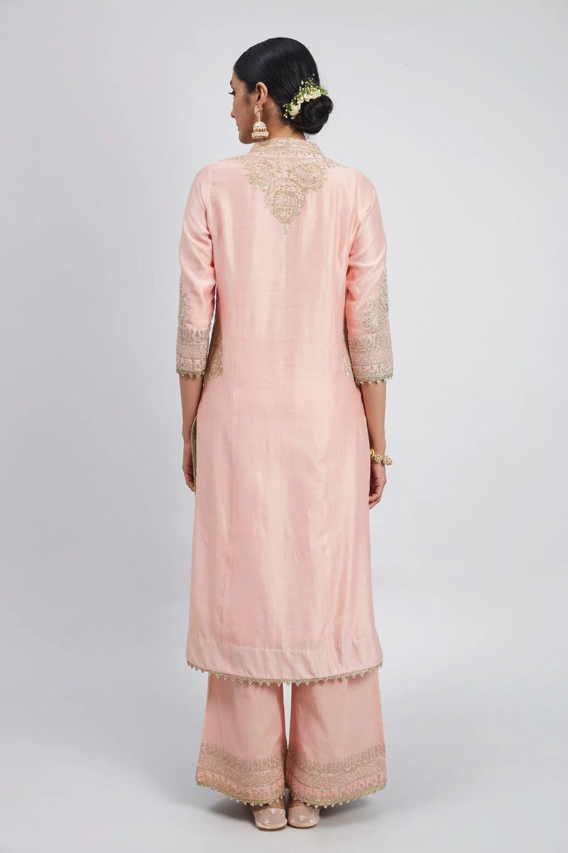 Aadah Long kurta with palazzo-Carnation Pink silk by SHEETAL BATRA in blush color for women in Singapore