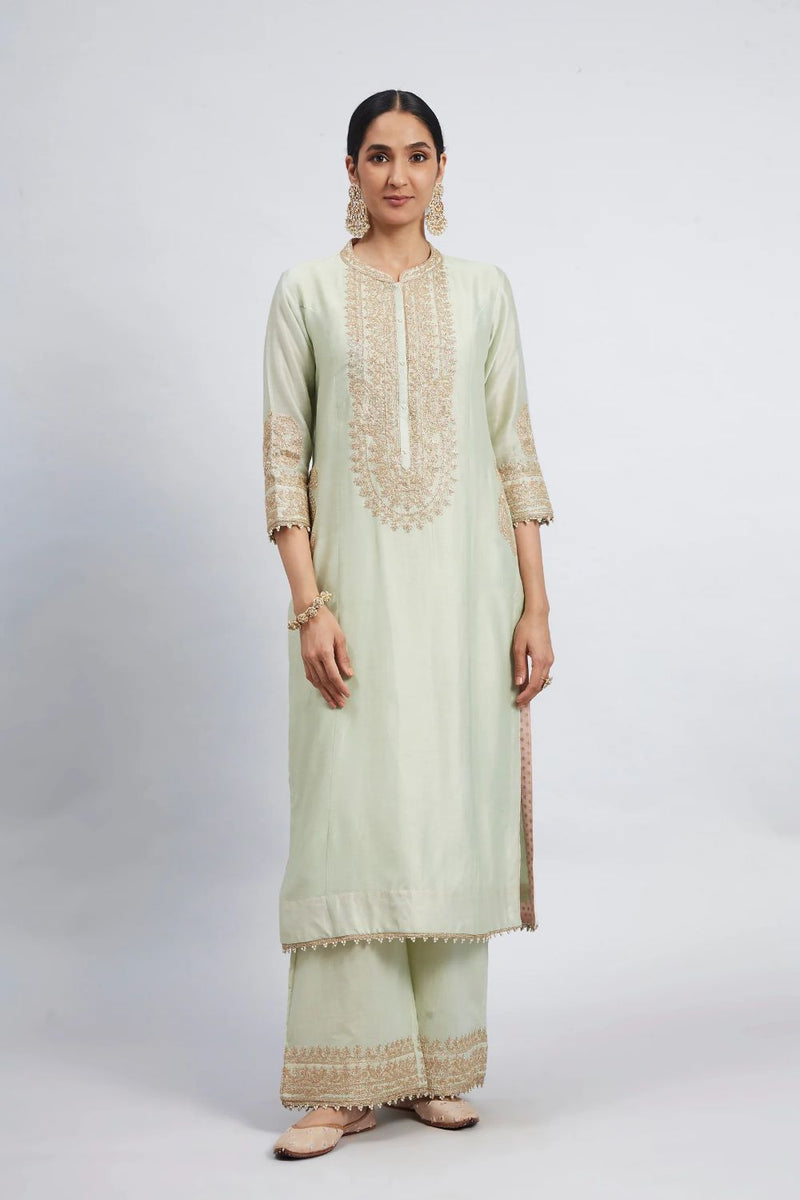Aadirah Long kurta with palazzo-Mint green silk by SHEETAL BATRA in mint color for women in Singapore
