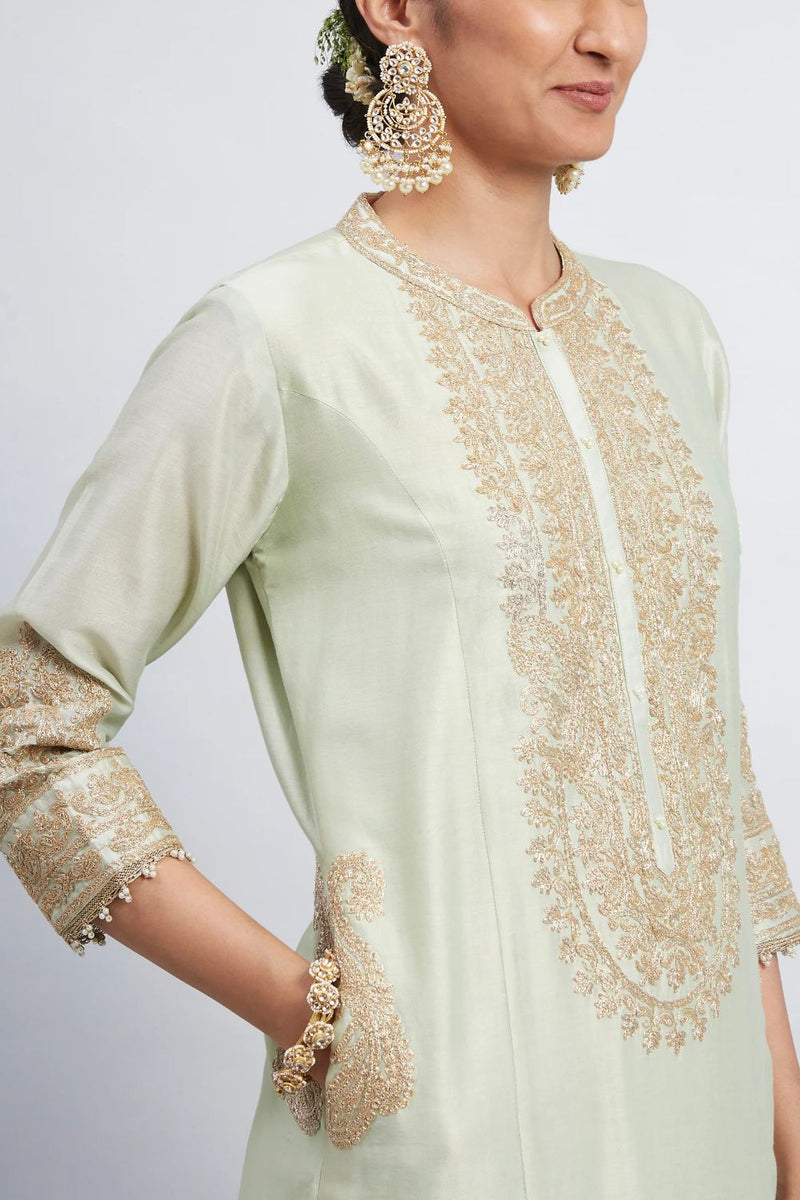 Aadirah Long kurta with palazzo-Mint green silk by SHEETAL BATRA in mint color for women in Singapore