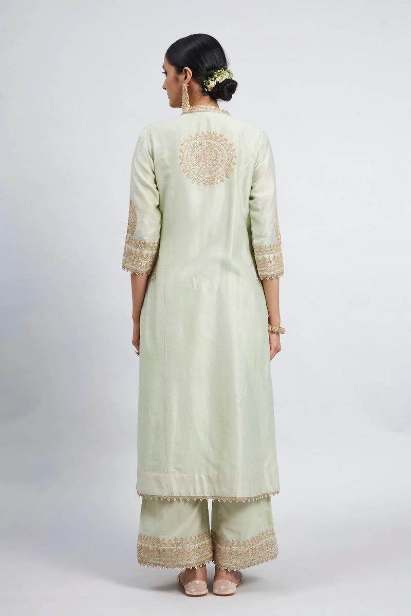Aadirah Long kurta with palazzo-Mint green silk by SHEETAL BATRA in mint color for women in Singapore