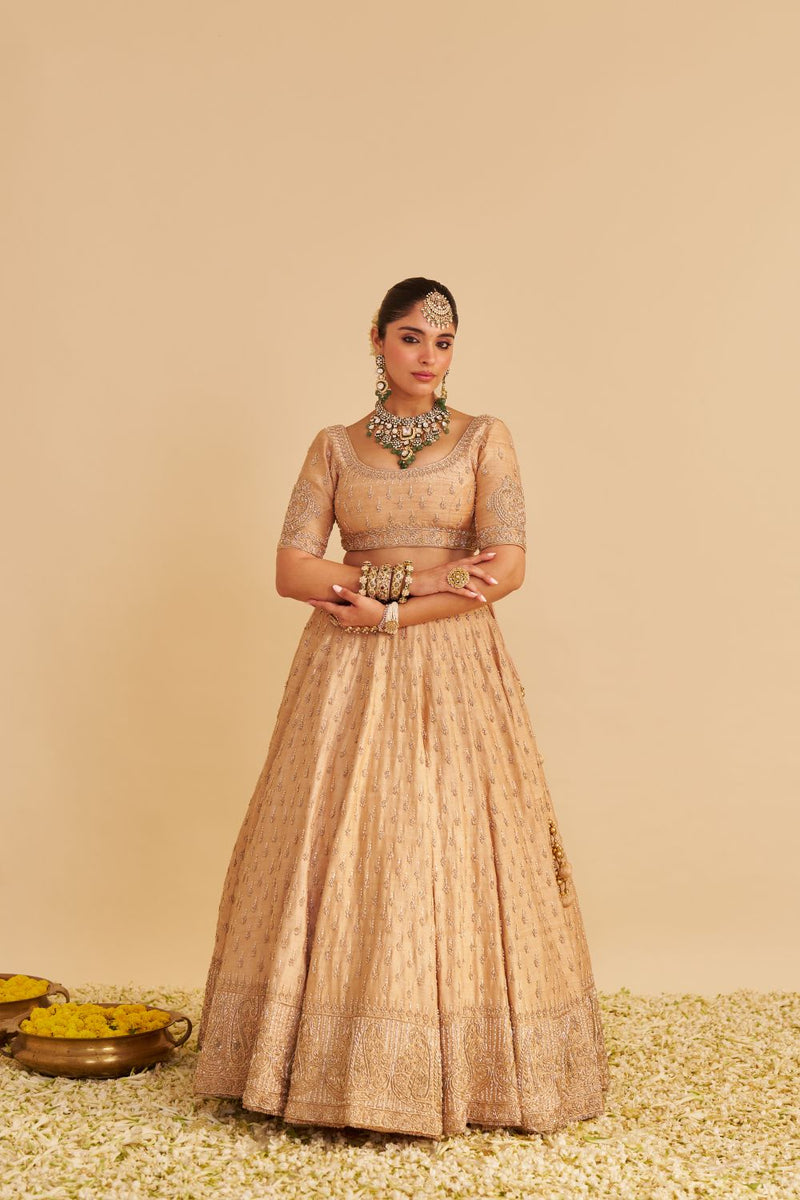 Aaliya - Dabka Zardozi Embroidered Raw Silk Gold Lehenga Set silk by SHEETAL BATRA in gold color for women in Singapore