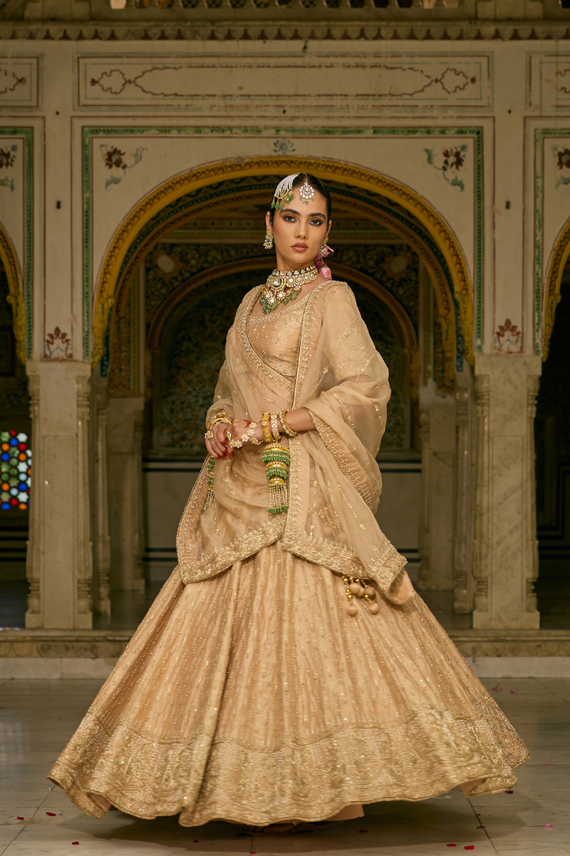 Aaliya - Dabka Zardozi Embroidered Raw Silk Gold Lehenga Set silk by SHEETAL BATRA in gold color for women in Singapore