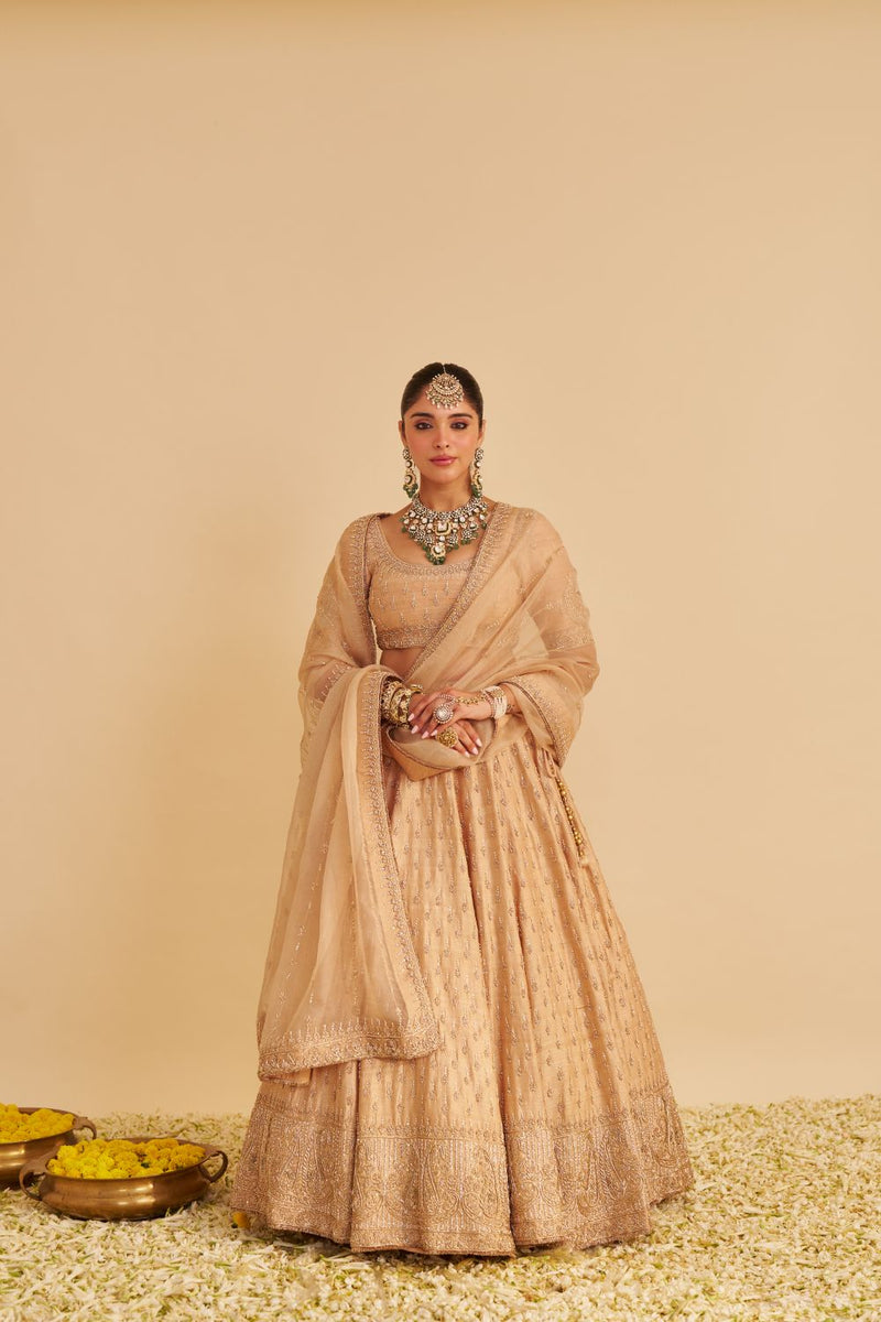Aaliya - Dabka Zardozi Embroidered Raw Silk Gold Lehenga Set silk by SHEETAL BATRA in gold color for women in Singapore