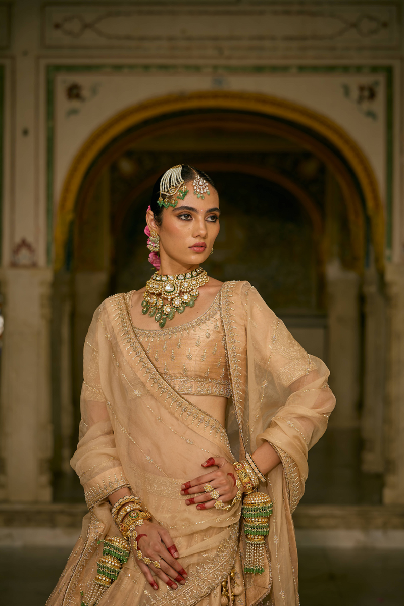 Aaliya - Dabka Zardozi Embroidered Raw Silk Gold Lehenga Set silk by SHEETAL BATRA in gold color for women in Singapore