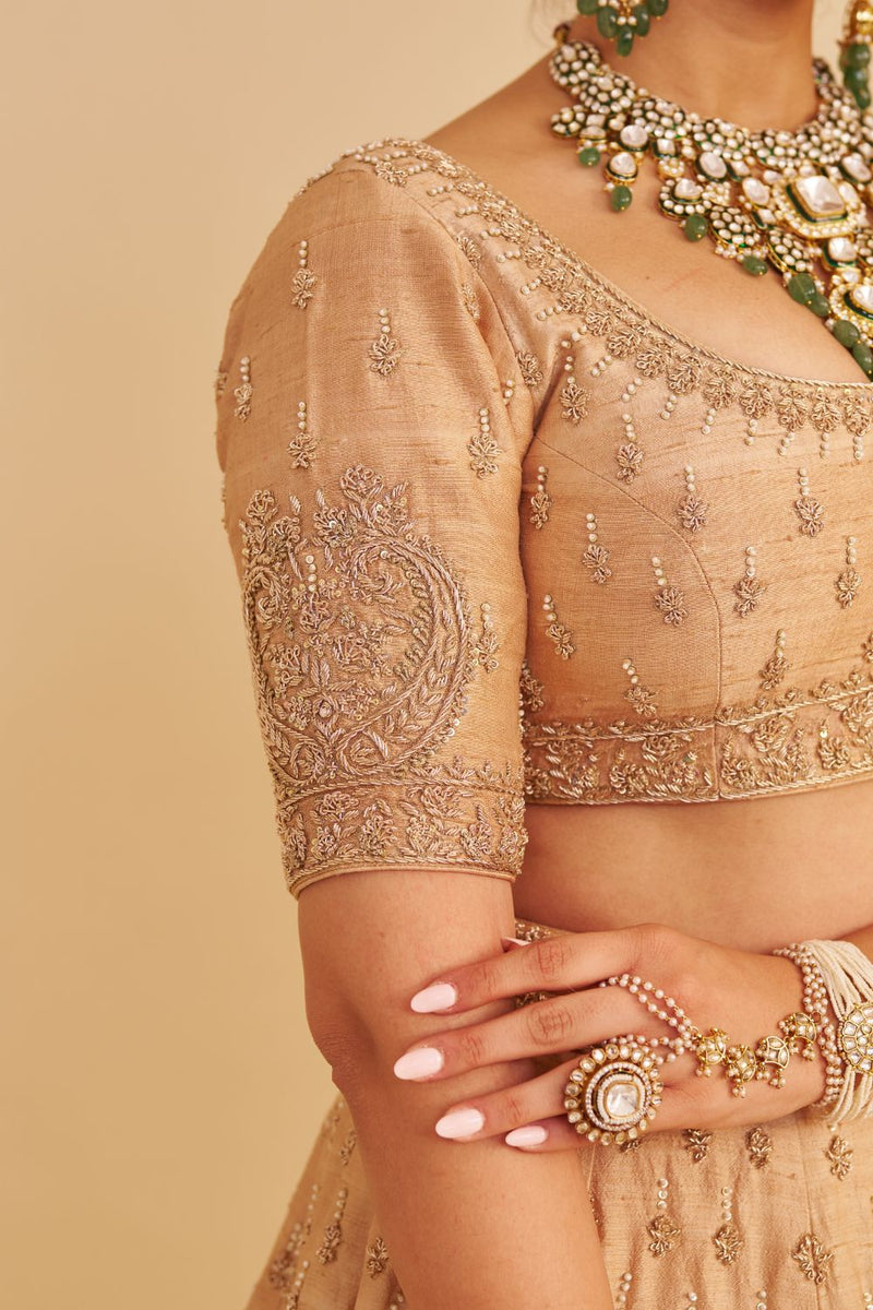Aaliya - Dabka Zardozi Embroidered Raw Silk Gold Lehenga Set silk by SHEETAL BATRA in gold color for women in Singapore