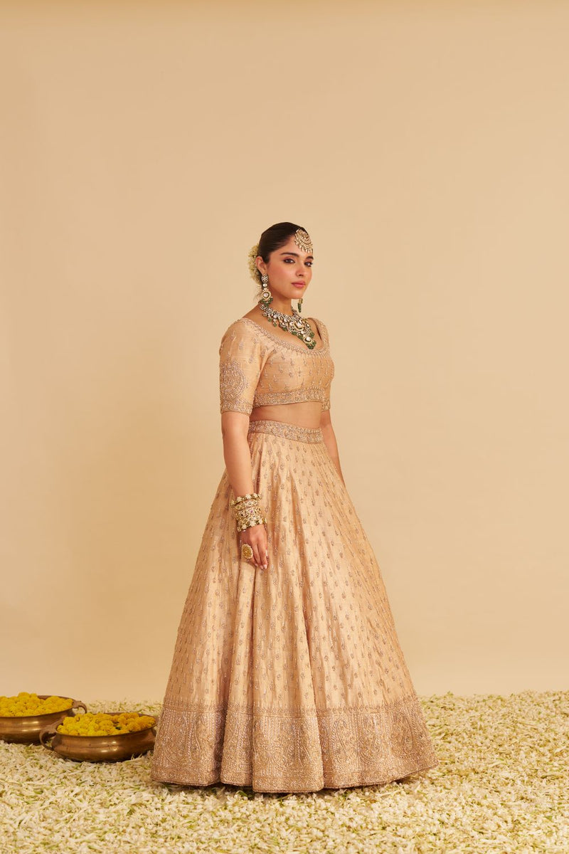 Aaliya - Dabka Zardozi Embroidered Raw Silk Gold Lehenga Set silk by SHEETAL BATRA in gold color for women in Singapore