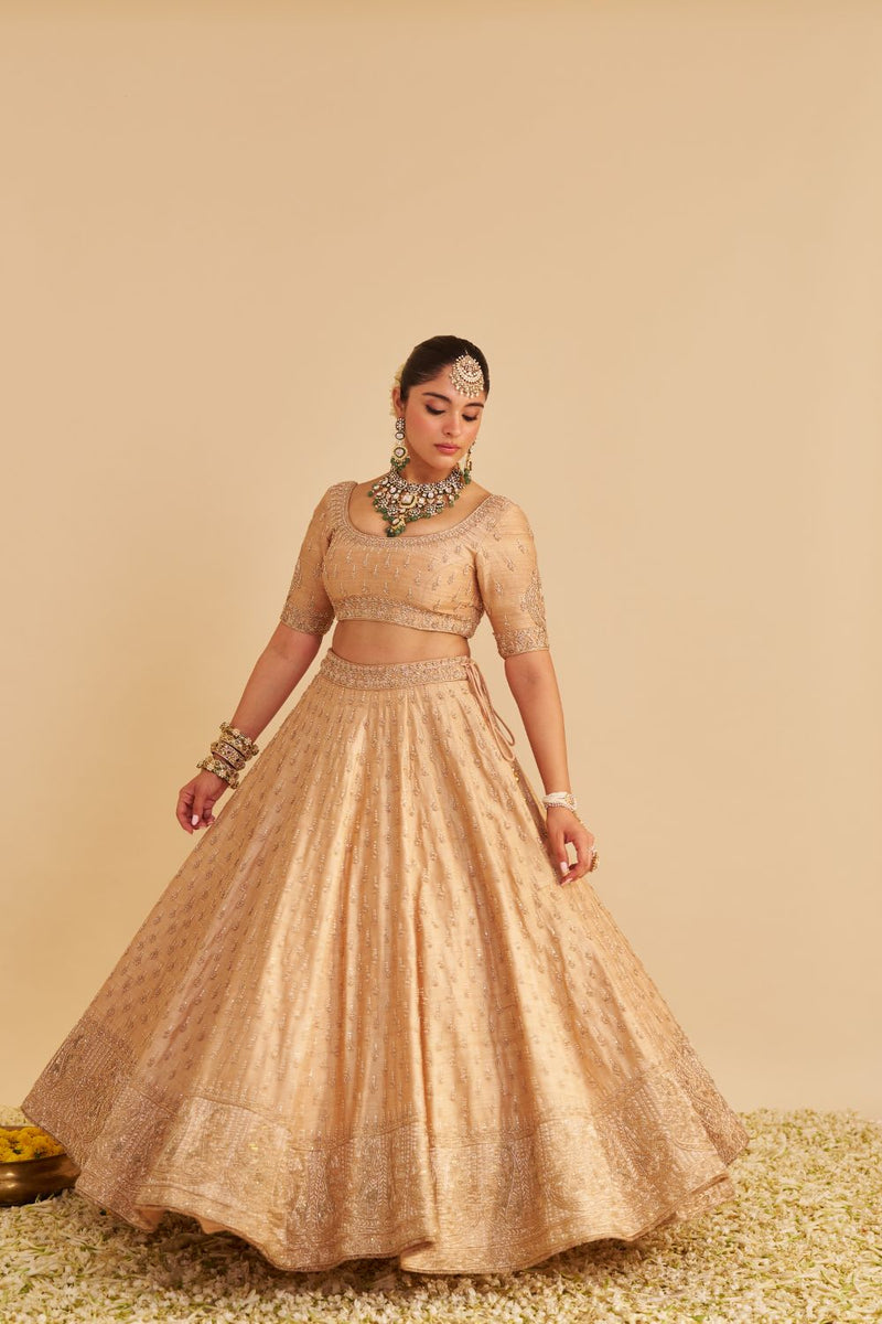Aaliya - Dabka Zardozi Embroidered Raw Silk Gold Lehenga Set silk by SHEETAL BATRA in gold color for women in Singapore