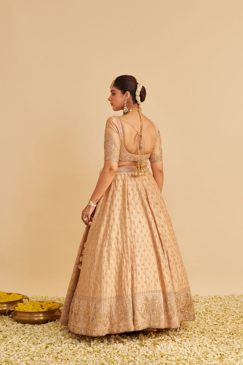 Aaliya - Dabka Zardozi Embroidered Raw Silk Gold Lehenga Set silk by SHEETAL BATRA in gold color for women in Singapore
