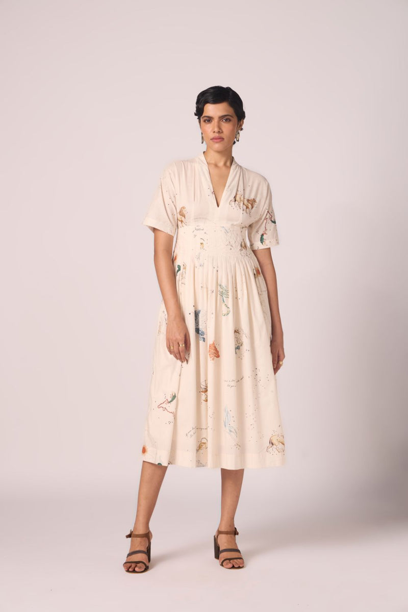 Aara Zodiac Print Pleated Dress cotton by The Summer House for women in Singapore