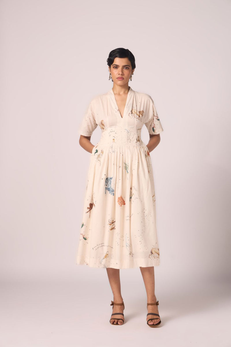 Aara Zodiac Print Pleated Dress cotton by The Summer House for women in Singapore