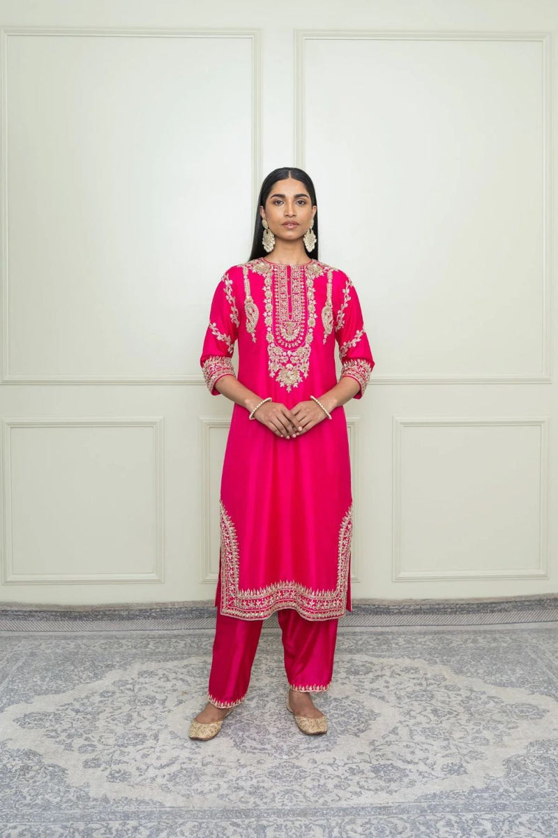 Aarini A-Line kurta with dogri salwar-hot pink silk by SHEETAL BATRA in pink color for women in Singapore