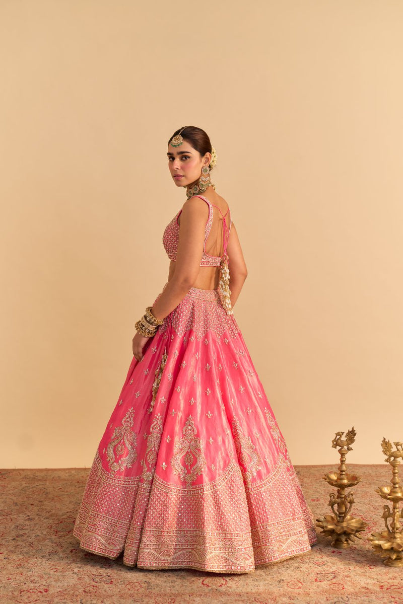Aashina - Dabka Zardozi Embroidered Pure Tissue Carrot Pink Lehenga Set by SHEETAL BATRA in pink color for women in Singapore