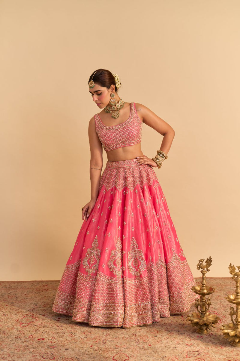 Aashina - Dabka Zardozi Embroidered Pure Tissue Carrot Pink Lehenga Set by SHEETAL BATRA in pink color for women in Singapore