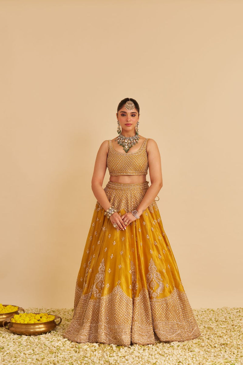 Aashina - Dabka Zardozi Embroidered Pure Tissue Mustard Lehenga Set silk by SHEETAL BATRA in gold color for women in Singapore