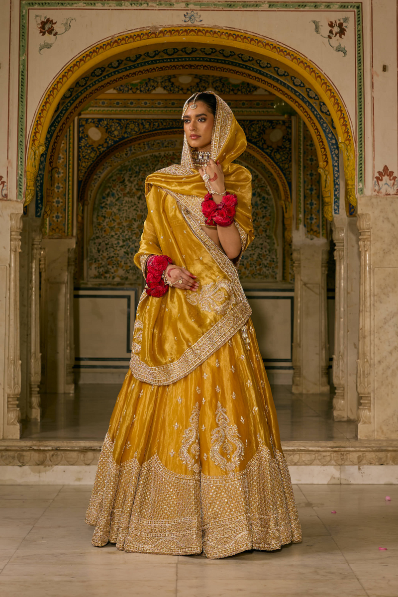 Aashina - Dabka Zardozi Embroidered Pure Tissue Mustard Lehenga Set silk by SHEETAL BATRA in gold color for women in Singapore