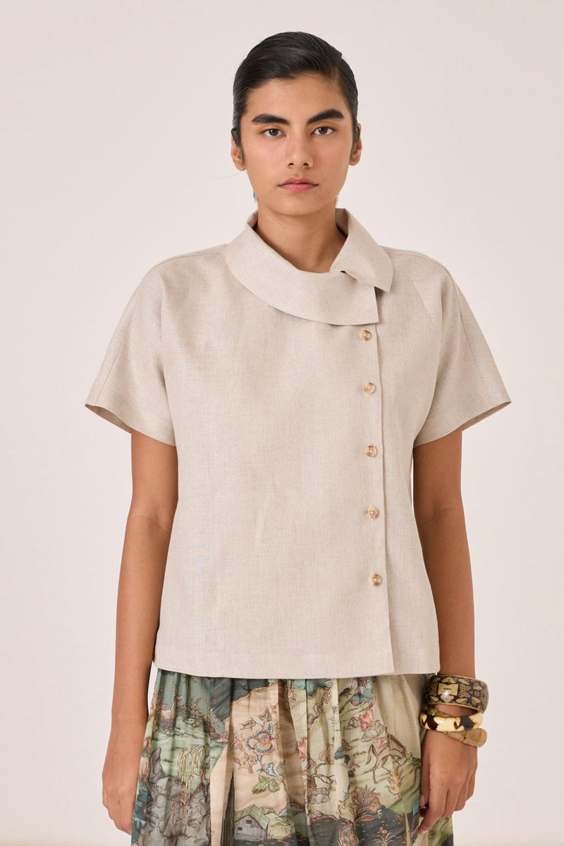 Aavish Beige Linen Top linen by The Summer House in beige color for women in Singapore