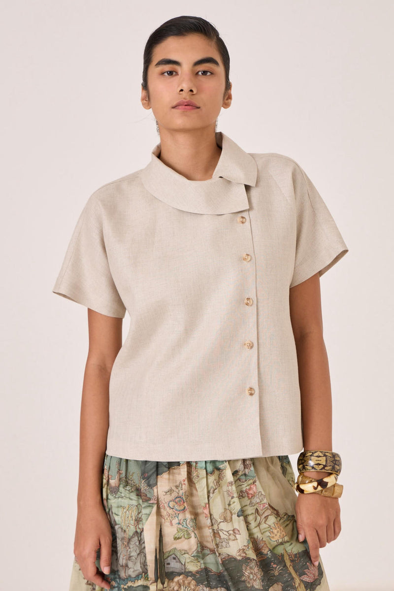Aavish Beige Linen Top linen by The Summer House in beige color for women in Singapore