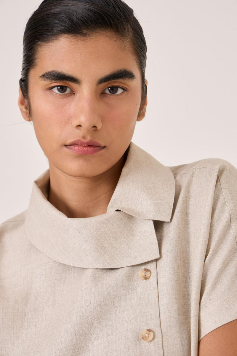 Aavish Beige Linen Top linen by The Summer House in beige color for women in Singapore
