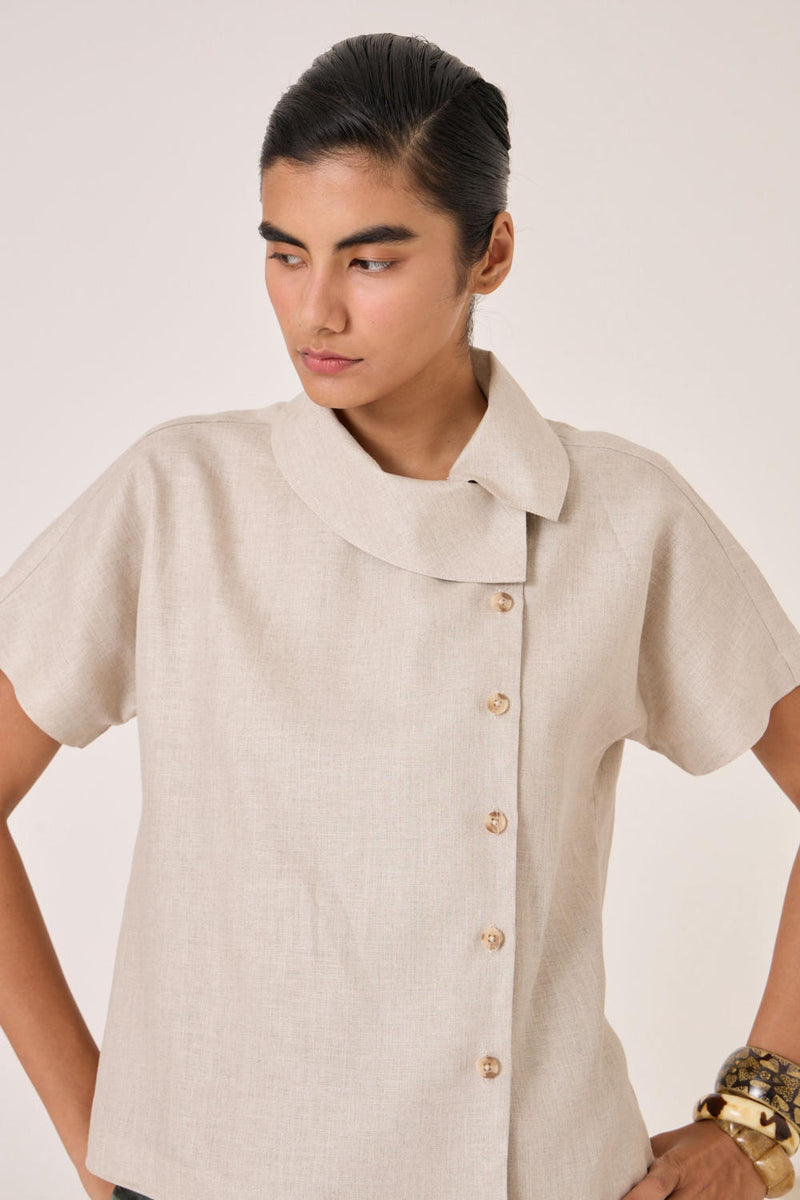 Aavish Beige Linen Top linen by The Summer House in beige color for women in Singapore