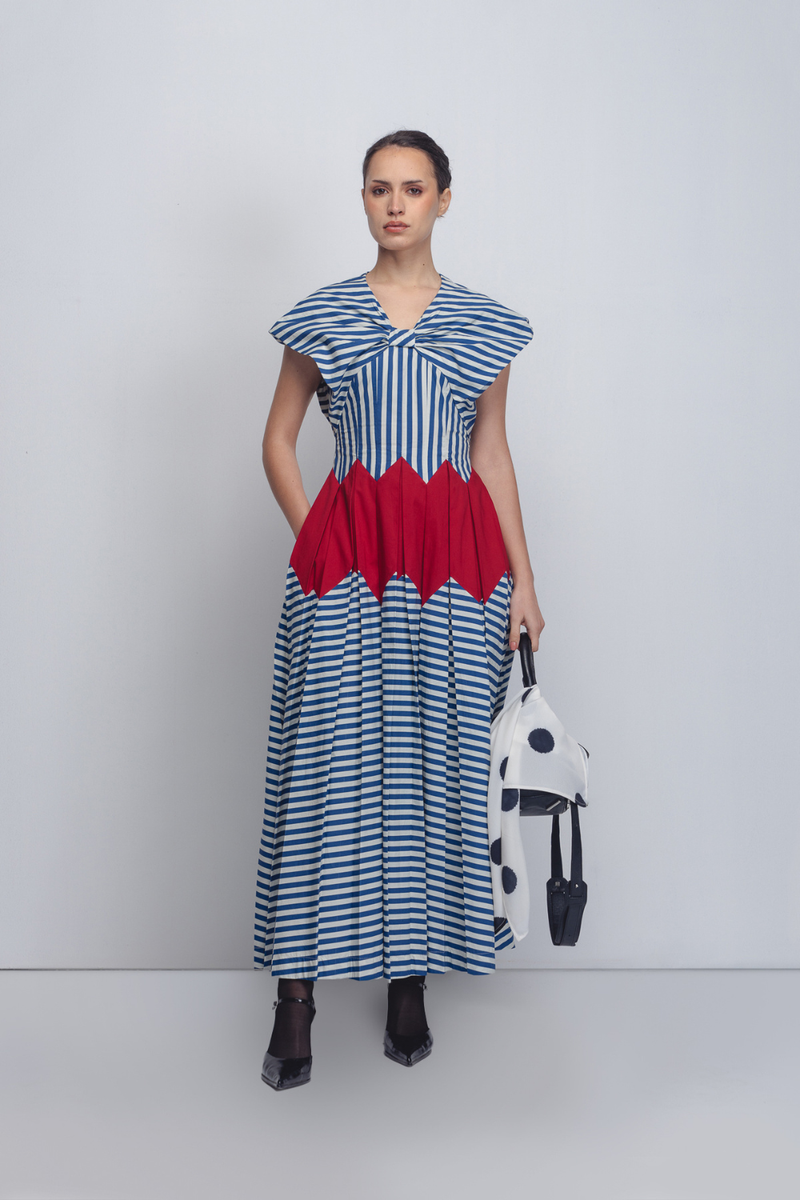 Abra Dress - Blue + White Stripes / Red cotton Buy Abra Dress - Blue + White Stripes / Red from C&W | Dresses for Women by Leh Studios in blue color for women in Singapore