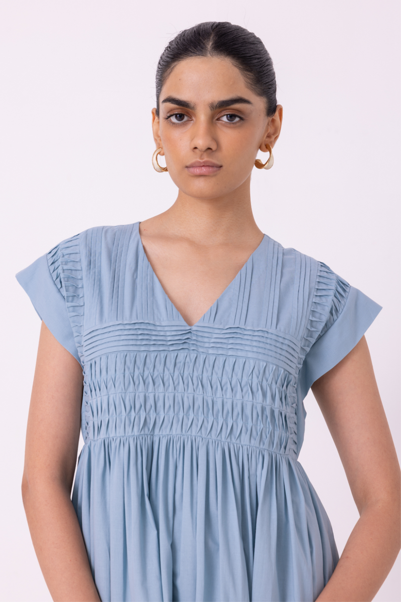 Aelia Blue Pleated Midi Dress cotton by The Summer House for women in Singapore