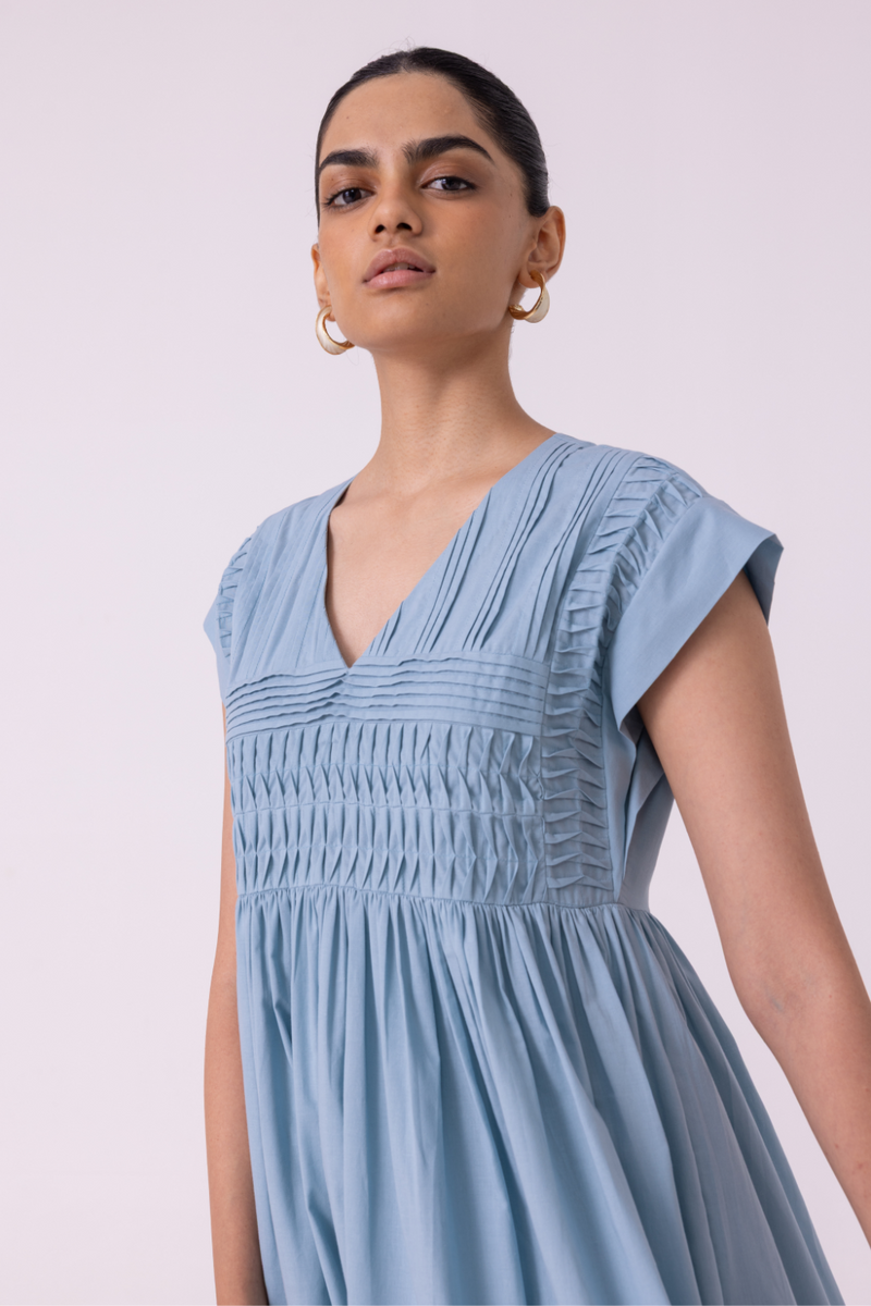 Aelia Blue Pleated Midi Dress cotton by The Summer House for women in Singapore