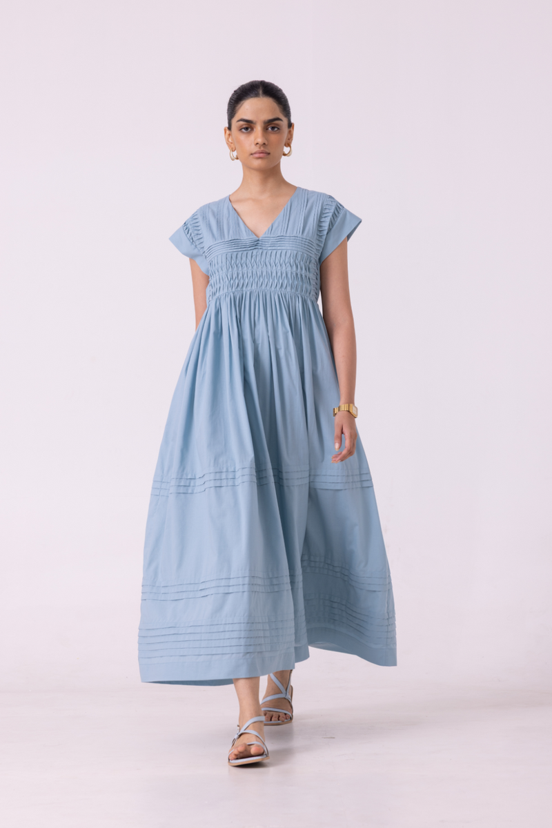 Aelia Blue Pleated Midi Dress cotton by The Summer House for women in Singapore