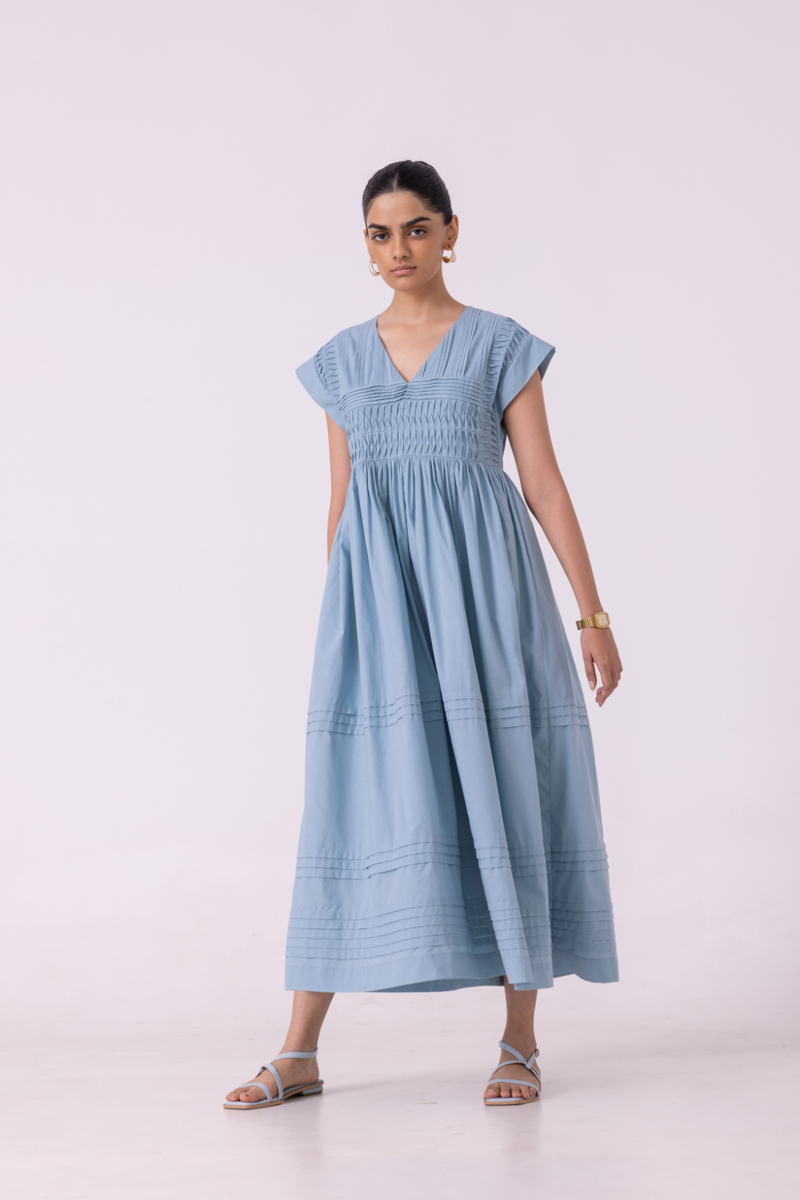 Aelia Blue Pleated Midi Dress cotton by The Summer House for women in Singapore