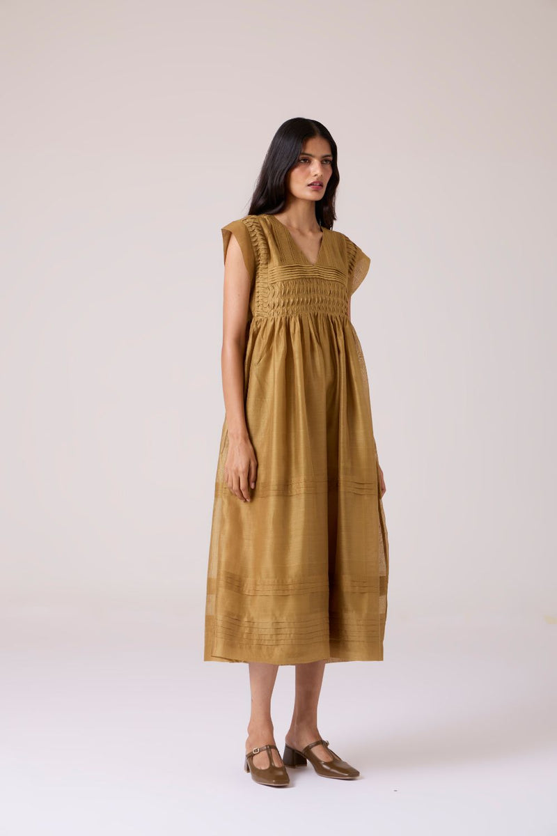 Aelia Yellow Handwoven Dress chanderi by The Summer House in yellow color for women in Singapore