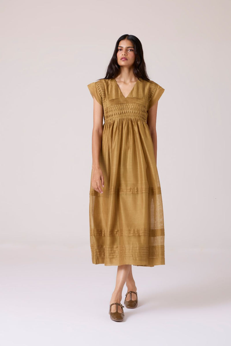 Aelia Yellow Handwoven Dress chanderi by The Summer House in yellow color for women in Singapore