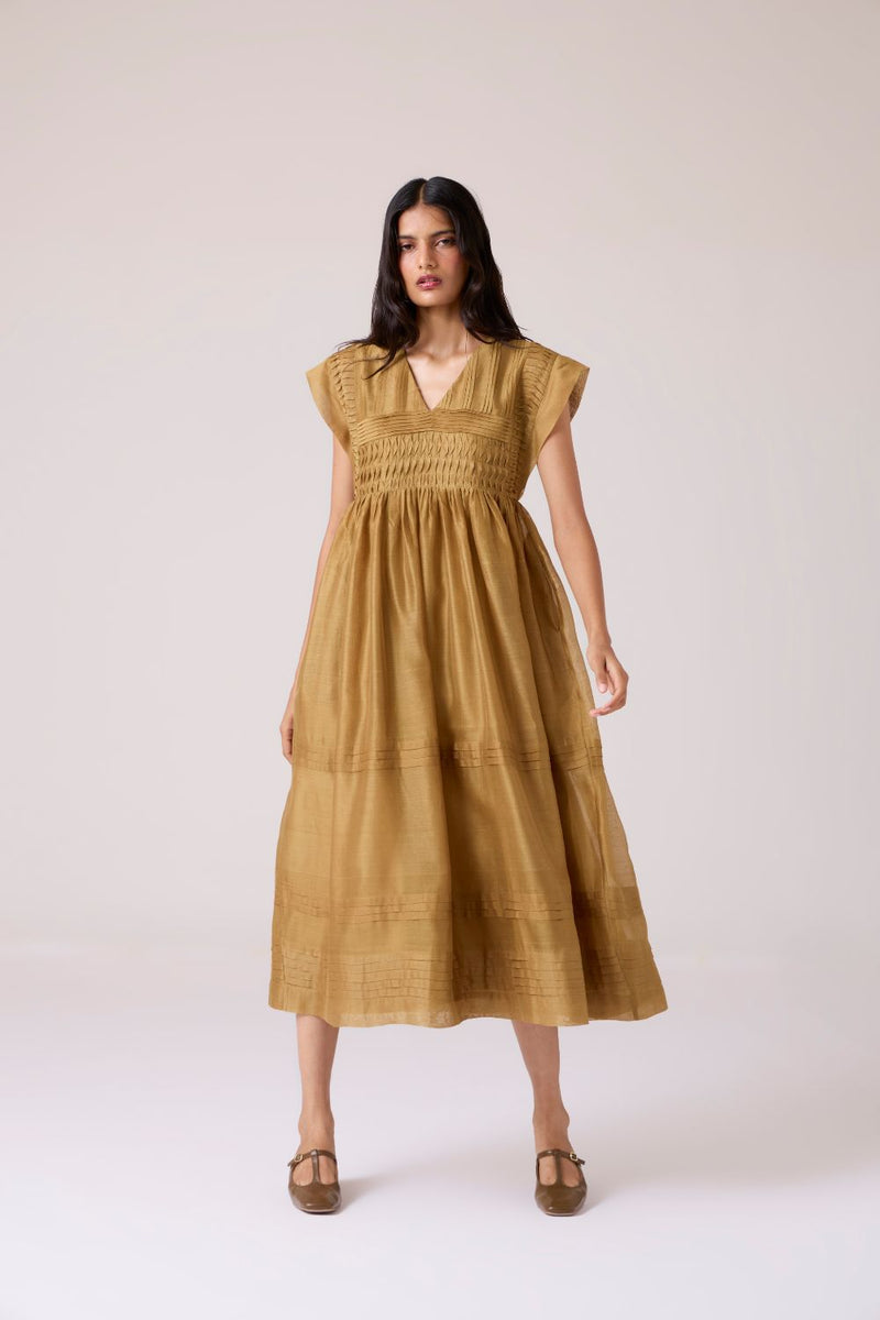 Aelia Yellow Handwoven Dress chanderi by The Summer House in yellow color for women in Singapore