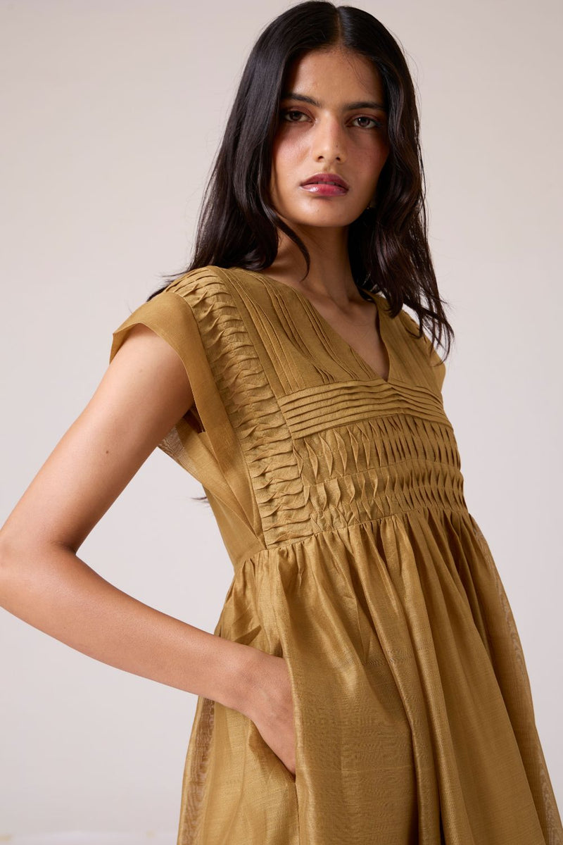 Aelia Yellow Handwoven Dress chanderi by The Summer House in yellow color for women in Singapore