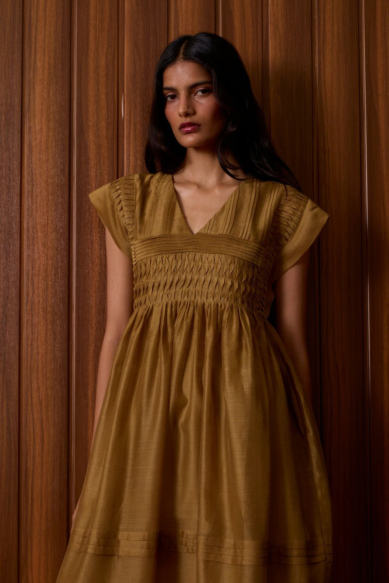 Aelia Yellow Handwoven Dress chanderi by The Summer House in yellow color for women in Singapore