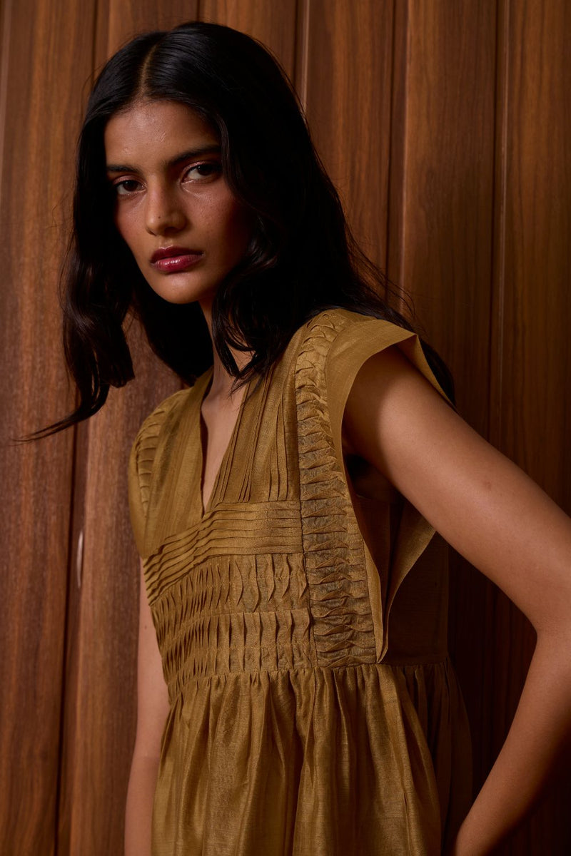 Aelia Yellow Handwoven Dress chanderi by The Summer House in yellow color for women in Singapore