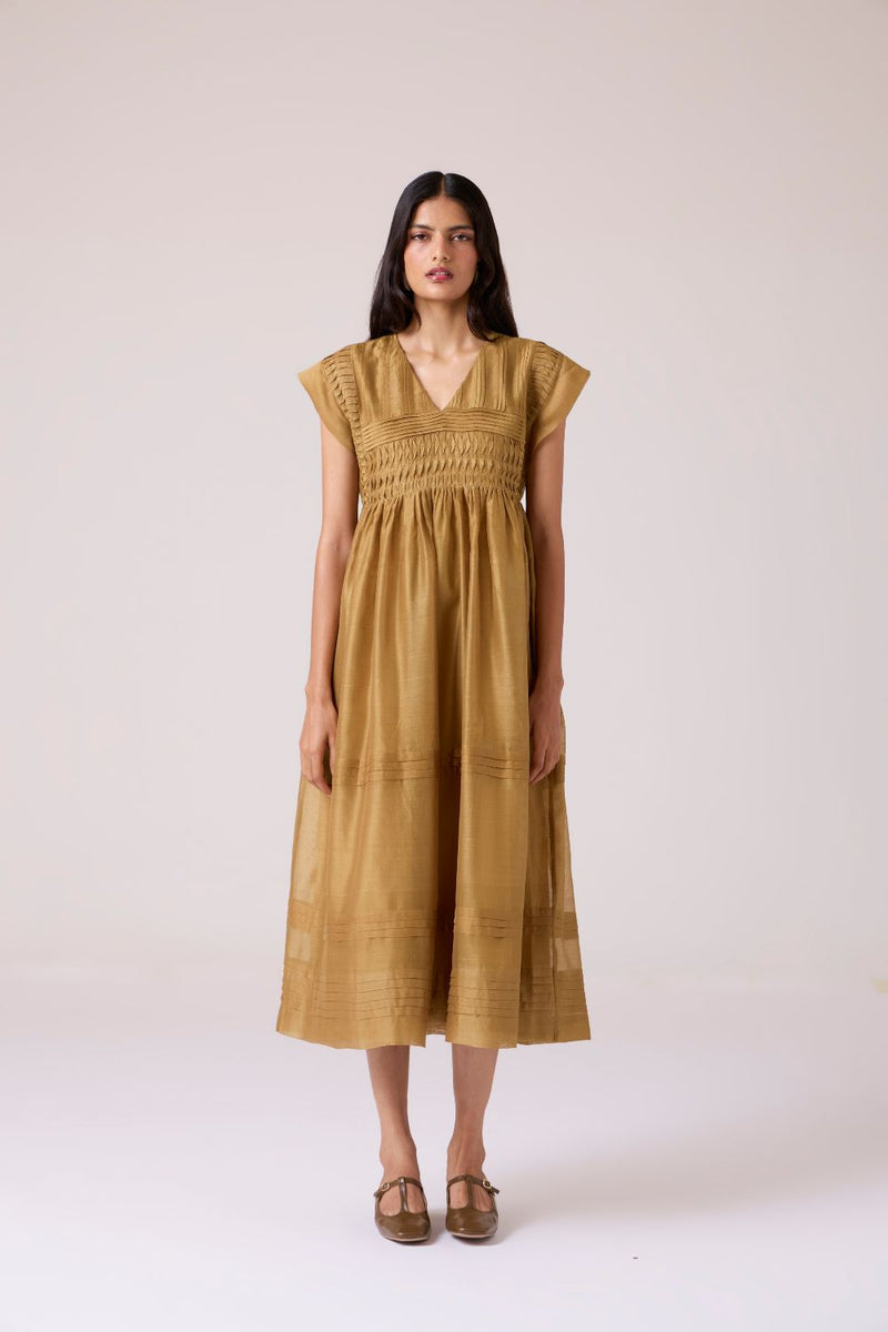 Aelia Yellow Handwoven Dress chanderi by The Summer House in yellow color for women in Singapore