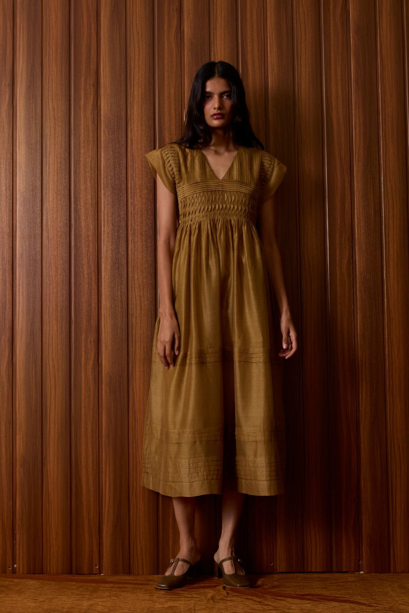 Aelia Yellow Handwoven Dress chanderi by The Summer House in yellow color for women in Singapore