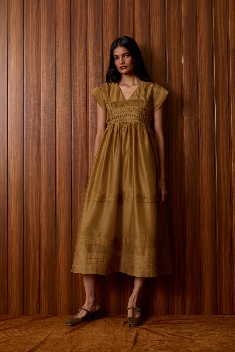 Aelia Yellow Handwoven Dress chanderi by The Summer House in yellow color for women in Singapore