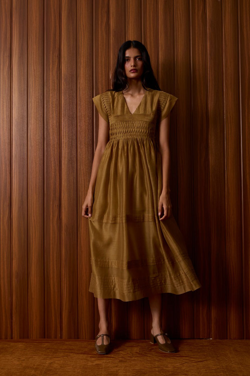 Aelia Yellow Handwoven Dress chanderi by The Summer House in yellow color for women in Singapore