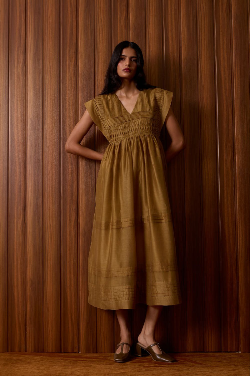 Aelia Yellow Handwoven Dress chanderi by The Summer House in yellow color for women in Singapore