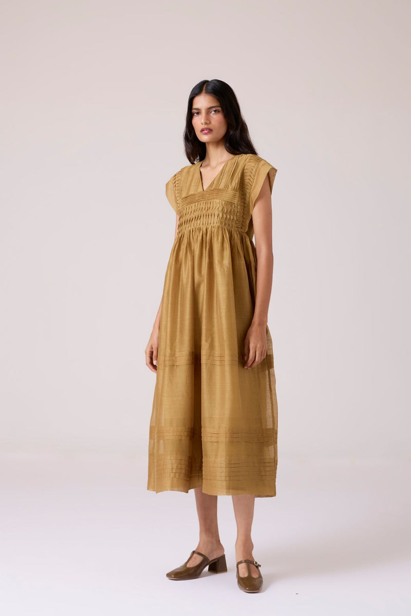 Aelia Yellow Handwoven Dress chanderi by The Summer House in yellow color for women in Singapore