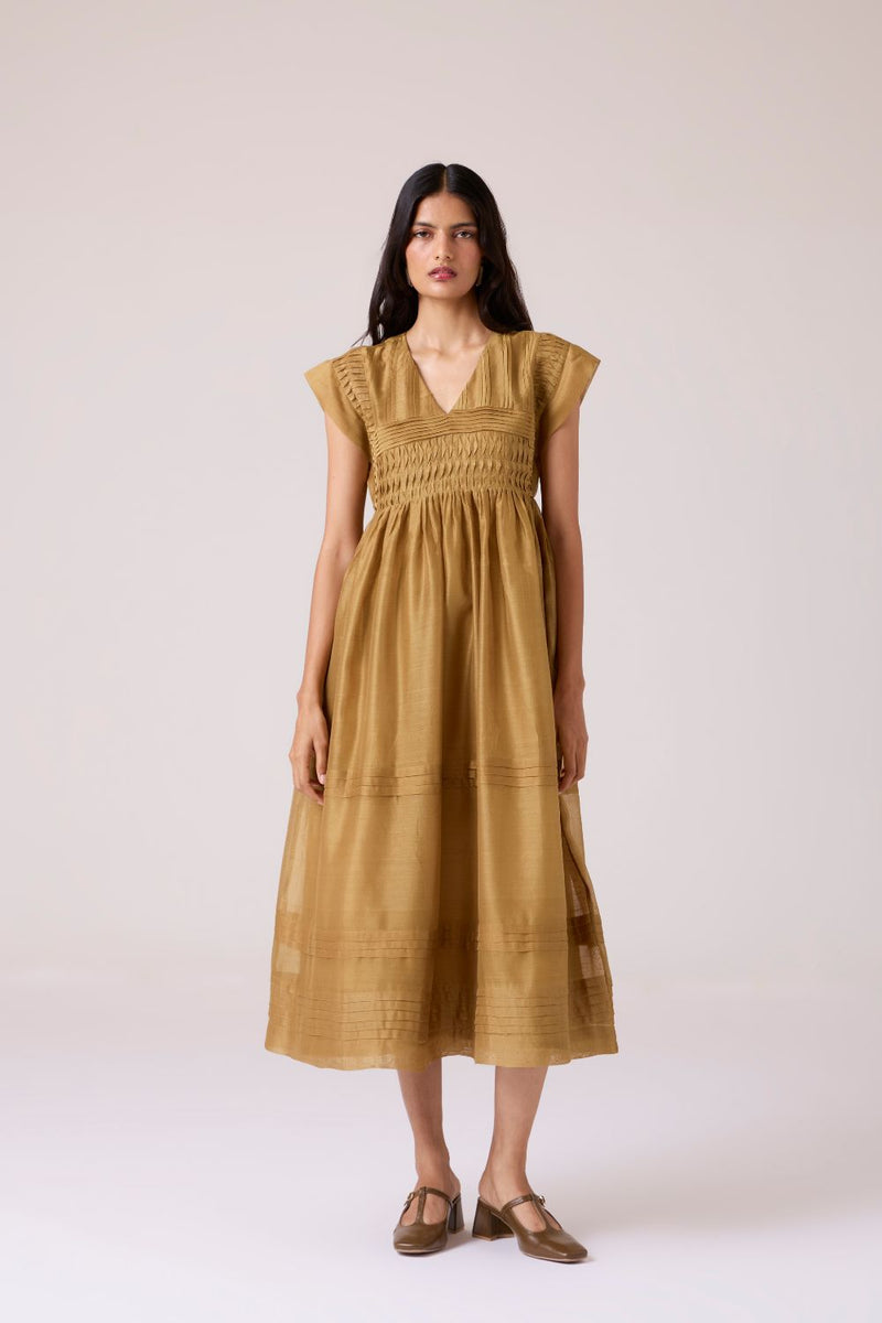Aelia Yellow Handwoven Dress chanderi by The Summer House in yellow color for women in Singapore