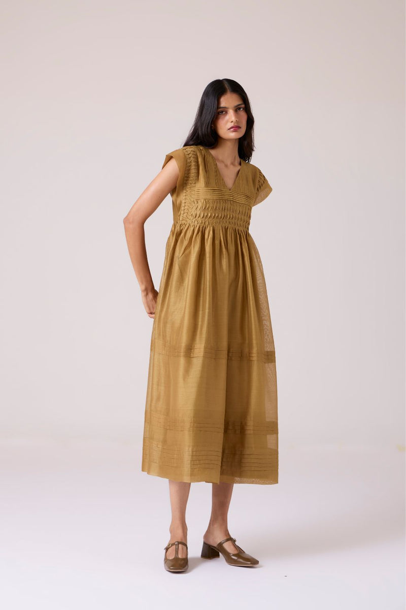 Aelia Yellow Handwoven Dress chanderi by The Summer House in yellow color for women in Singapore