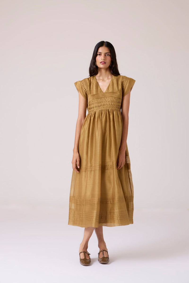 Aelia Yellow Handwoven Dress chanderi by The Summer House in yellow color for women in Singapore