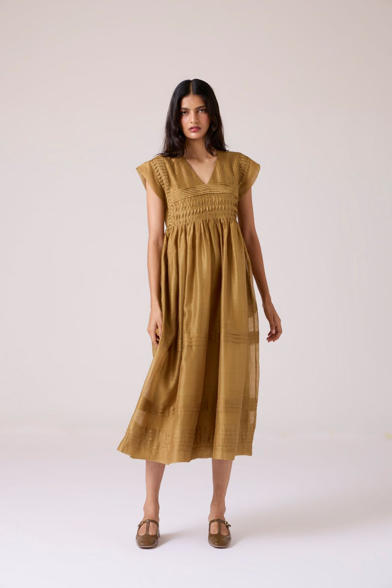 Aelia Yellow Handwoven Dress chanderi by The Summer House in yellow color for women in Singapore